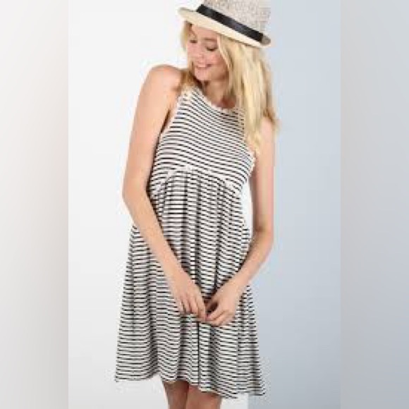 POL Dresses & Skirts - POL Babydoll Striped Crochet Trim Dress Black and White Women’s Size Small